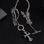 Silver-tone cross pendant necklace with round ring clasp and bar detail