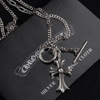 Silver-tone cross pendant necklace with large ring clasp and crystal cross