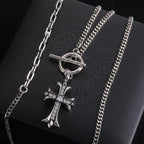 Silver-tone cross pendant necklace with stacked chains and crystal cross