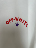 Off-White T-shirt graphic close-up with arched OFF-WHITE lettering and blue star
