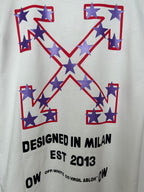 Off-White T-shirt front graphic with star-filled X motif and "DESIGNED IN MILAN" text