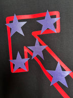Off-White dark T-shirt featuring large purple star graphic with red-outlined shapes.
