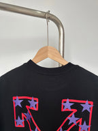 Off-White dark T-shirt with red and purple star graphic across the front.