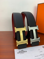Reversible leather belt with two dark straps and gold/silver H buckle hardware
