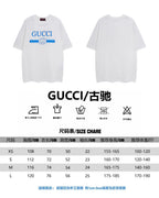 T-shirt size chart with XS–L measurements in cm and size guide icons