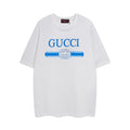 White T-shirt with blue logo stripe graphic and Gucci print on the chest