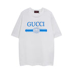 White T-shirt with blue logo stripe graphic and Gucci print on the chest