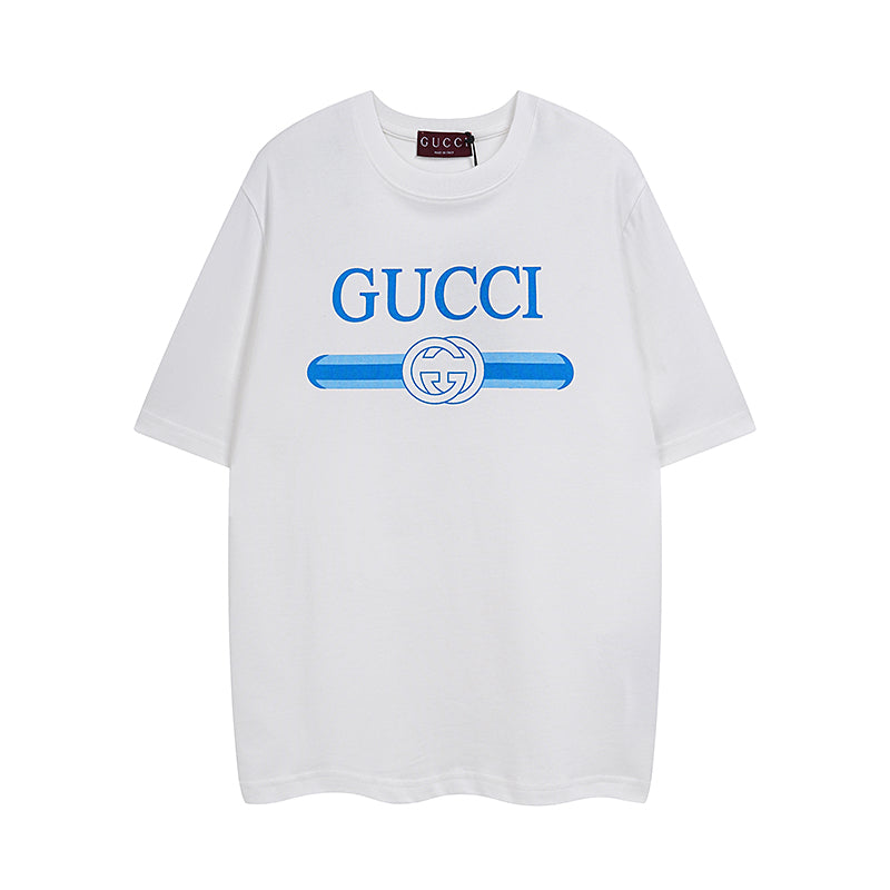 White T-shirt with blue logo stripe graphic and Gucci print on the chest