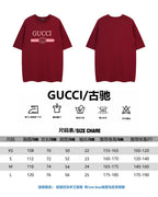 Burgundy Gucci T-shirt with sizing chart and fit icons