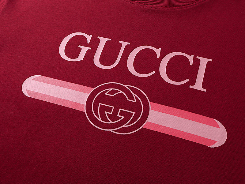 Burgundy Gucci T-shirt chest graphic with GUCCI text and GG emblem