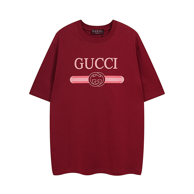 Burgundy Gucci T-shirt with large “GUCCI” graphic and GG emblem at chest