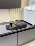 Fendi FF monogram slide sandal with black strap and thick black rubber sole