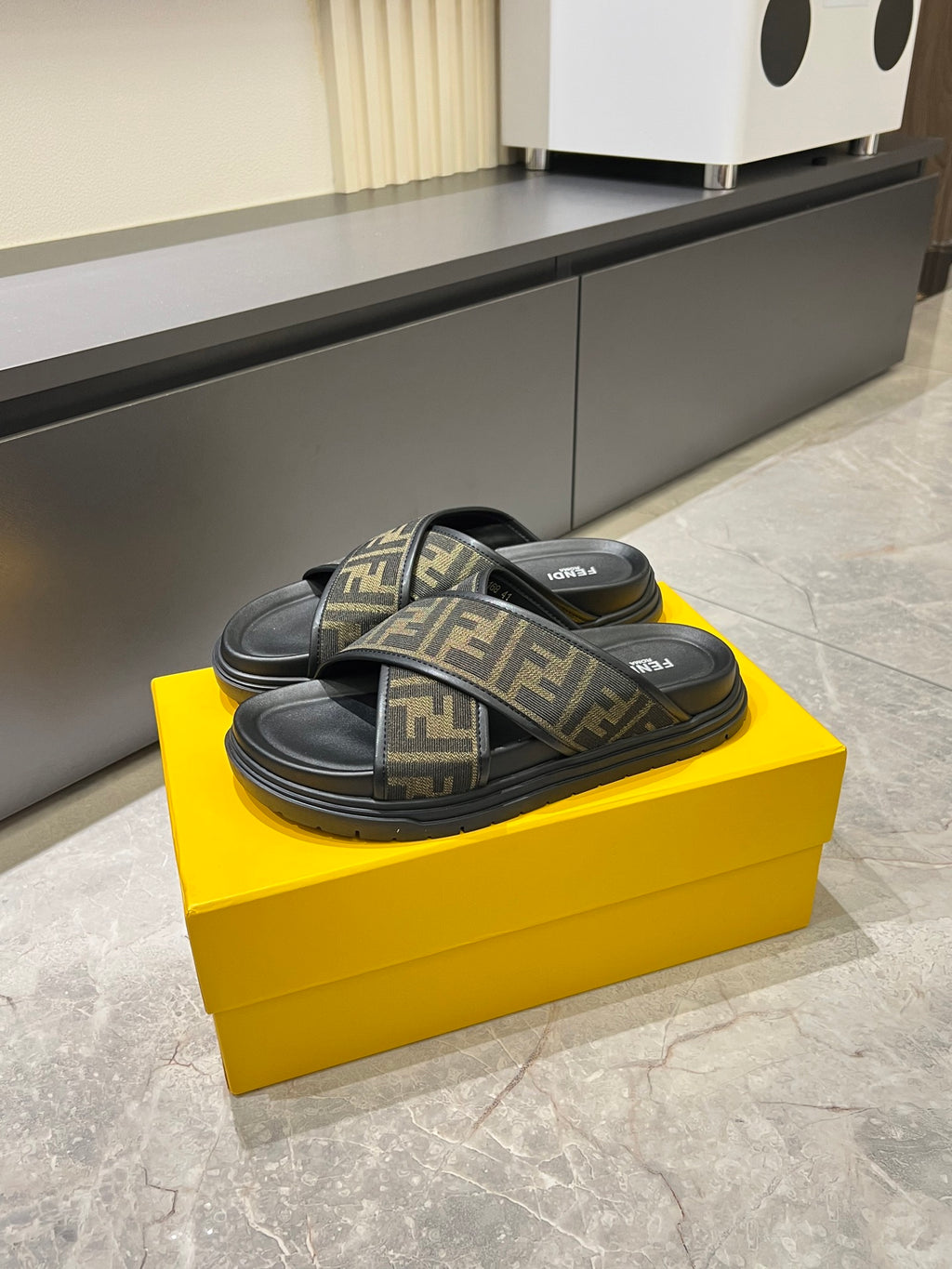 Fendi FF slide sandals with black footbed and monogram straps