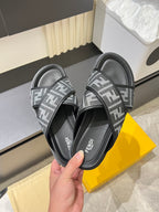 Fendi slide sandals, gray FF logo straps over black footbed
