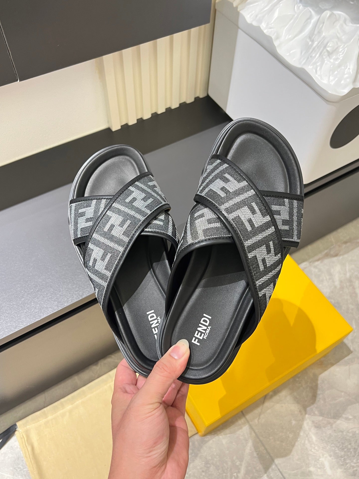 Fendi slide sandals, gray FF logo straps over black footbed
