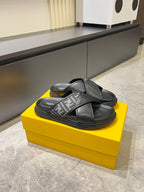 Black Fendi slide sandals on yellow box, FF logo patterned strap