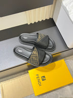 Fendi slide sandals with black slide straps and FF monogram band