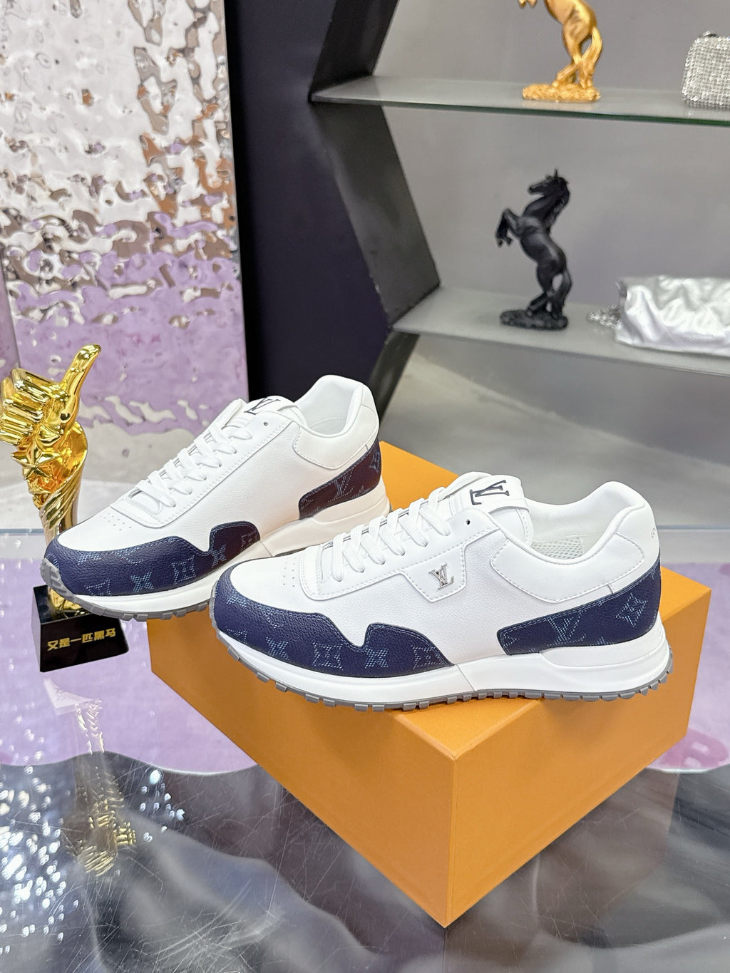 Louis Vuitton ladies sneakers on box, white with navy monogram accents and lace details