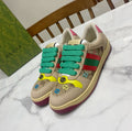 Gucci unisex sneakers in beige with green laces, multicolor stripe, yellow toe, pink heel