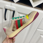 Gucci unisex sneakers, beige with green laces, red-green stripe, yellow sole edge, pink heel