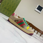 Gucci unisex sneakers, beige with green laces and red-green web stripe, yellow accents