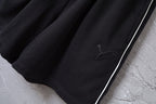 Close-up of black shorts hem with side stripe and Puma logo