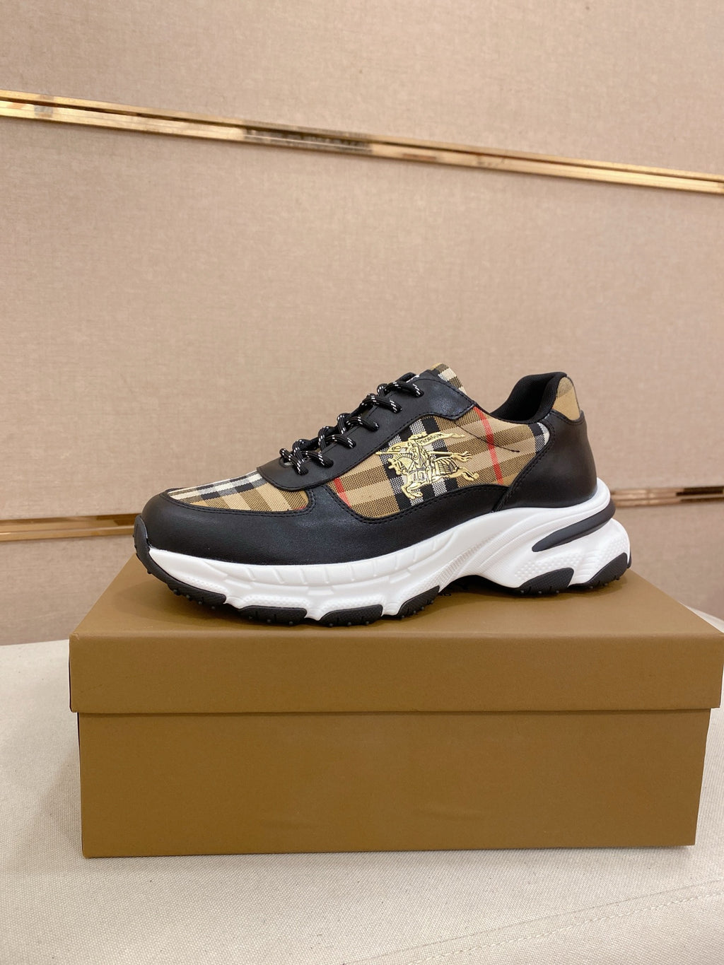 Burberry lace-up sneakers, black with plaid paneling and chunky white sole