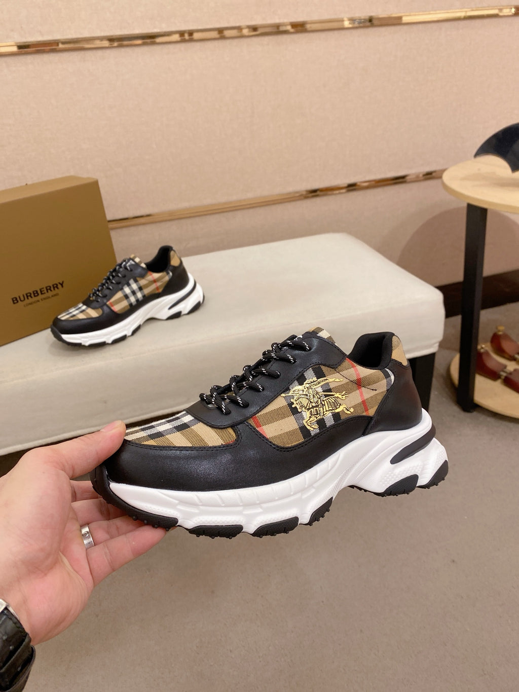 Burberry lace-up sneakers, black leather with beige plaid trim and logo patch on box