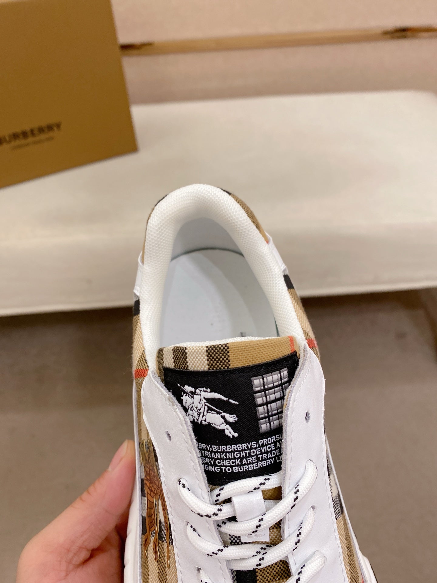 Burberry luxury sneakers, inner lining and heel collar with plaid logo patch