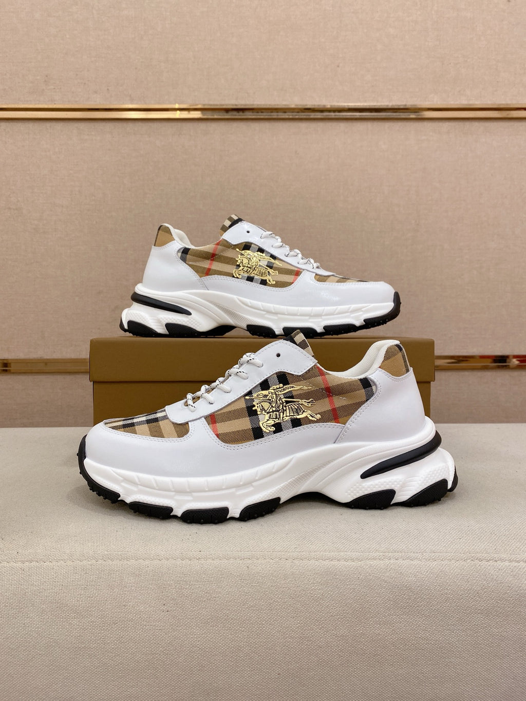 Burberry luxury sneakers, white with plaid panels and gold horse emblem