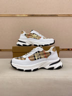 Burberry luxury sneakers, white with plaid panels and gold horse emblem