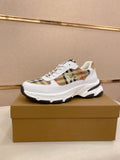 Burberry luxury sneakers, white with plaid panel and chunky black sole