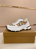 Burberry luxury sneakers, white with plaid panel and chunky black sole