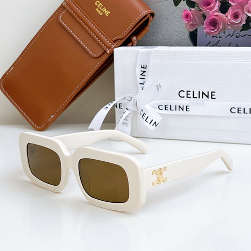 White square sunglasses with dark lenses and gold CC logo on temple