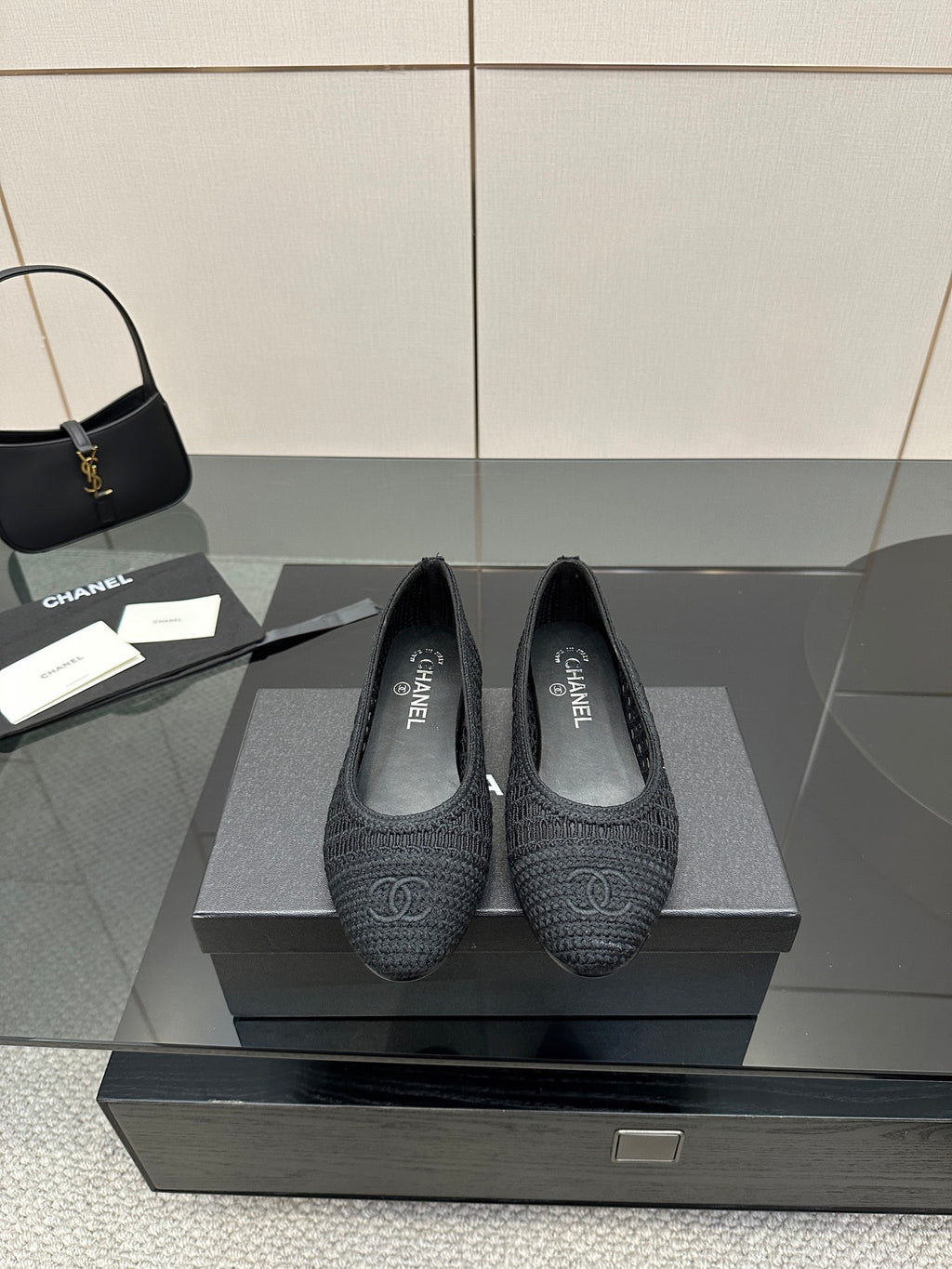 Women’s Chanel dark gray knit ballet flats with round toe and low flat heel