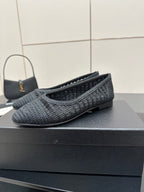 Women’s Chanel dark gray knit loafers with bow-like topline and low block heel