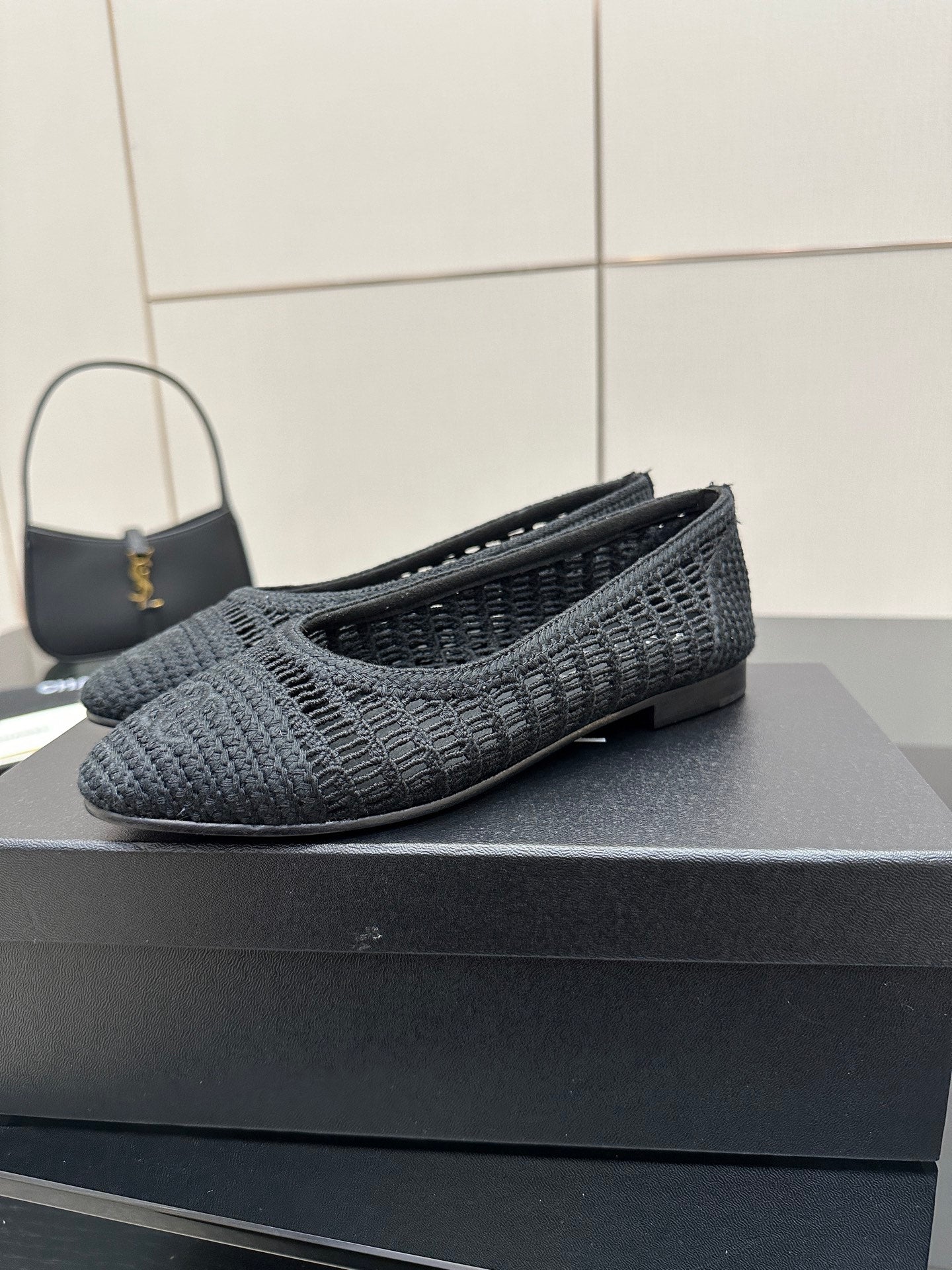 Women’s Chanel dark gray knit loafers with bow-like topline and low block heel