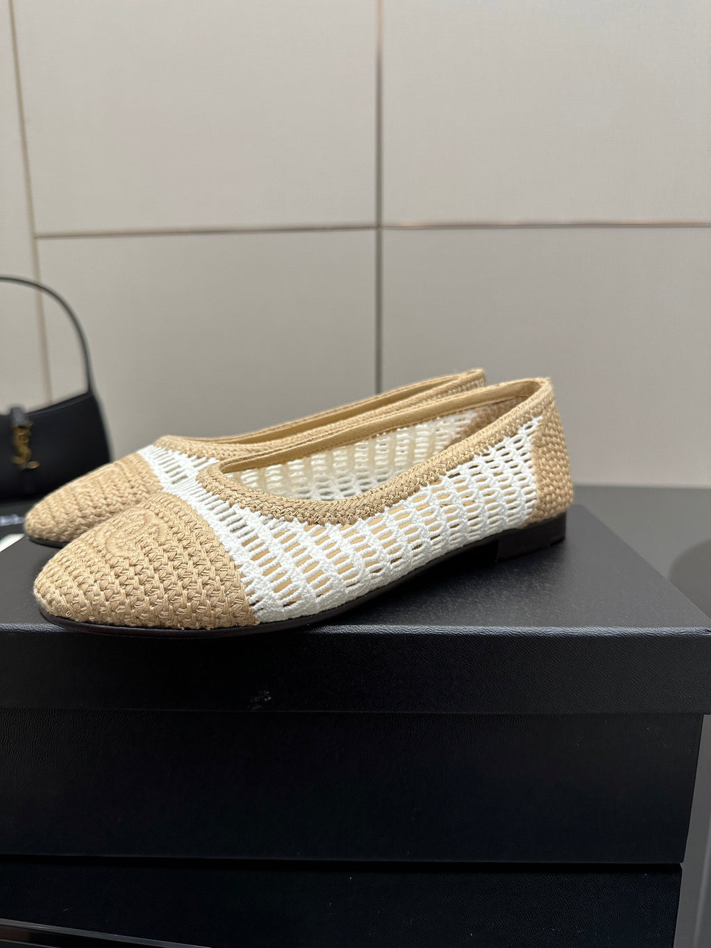 Chanel ladies woven ballet flat, close side view, cream knit texture with white trim