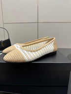 Chanel ladies woven ballet flat, close side view, cream knit texture with white trim