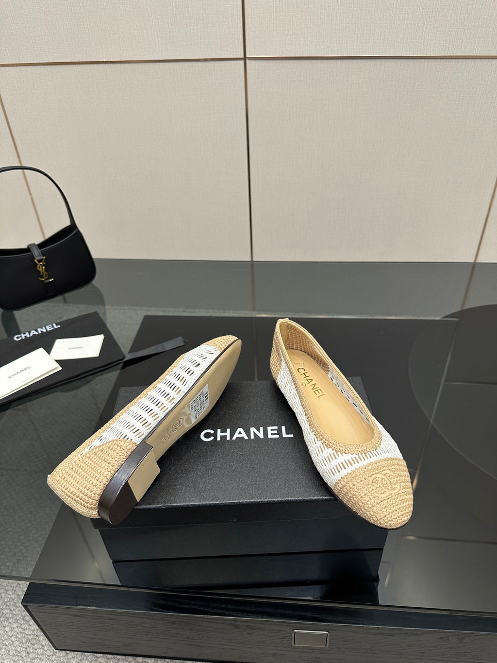 Chanel ladies woven ballet flats, top view pair, cream and white stripe trim