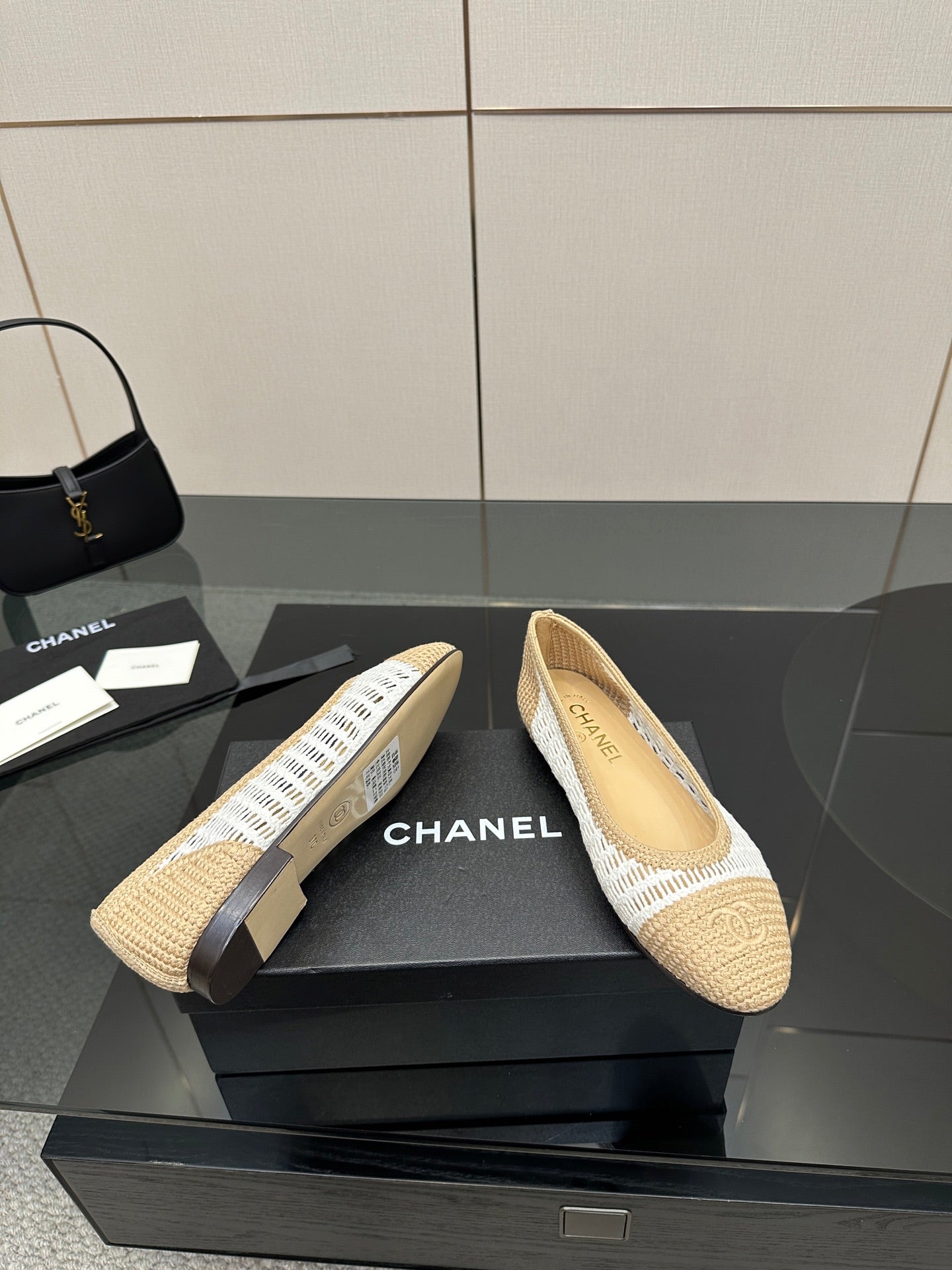 Chanel ladies woven ballet flats, top view pair, cream and white stripe trim