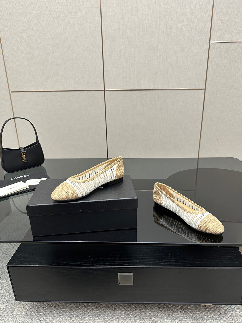 Chanel ladies woven ballet flats, side-by-side angle, cream with white stripe trim