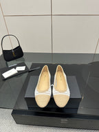 Chanel ladies woven ballet flats, cream and white, round toe and trim detail