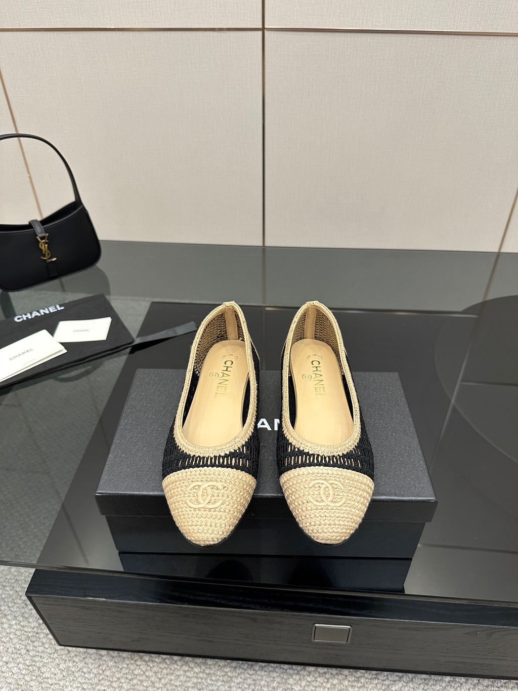 Chanel ladies ballet flats, beige knit with navy trim and woven toe cap