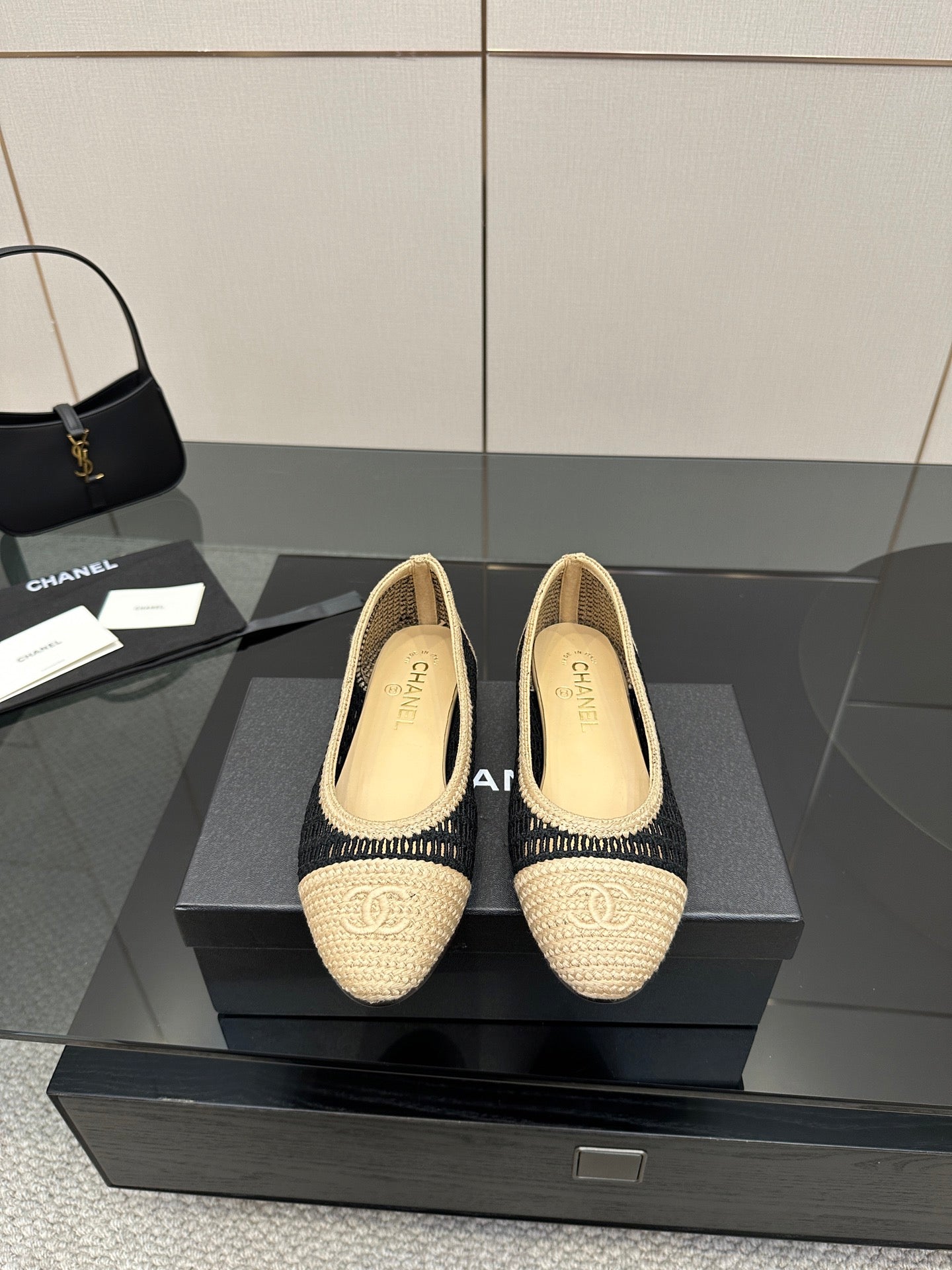 Chanel ladies ballet flats, beige knit with navy trim and woven toe cap