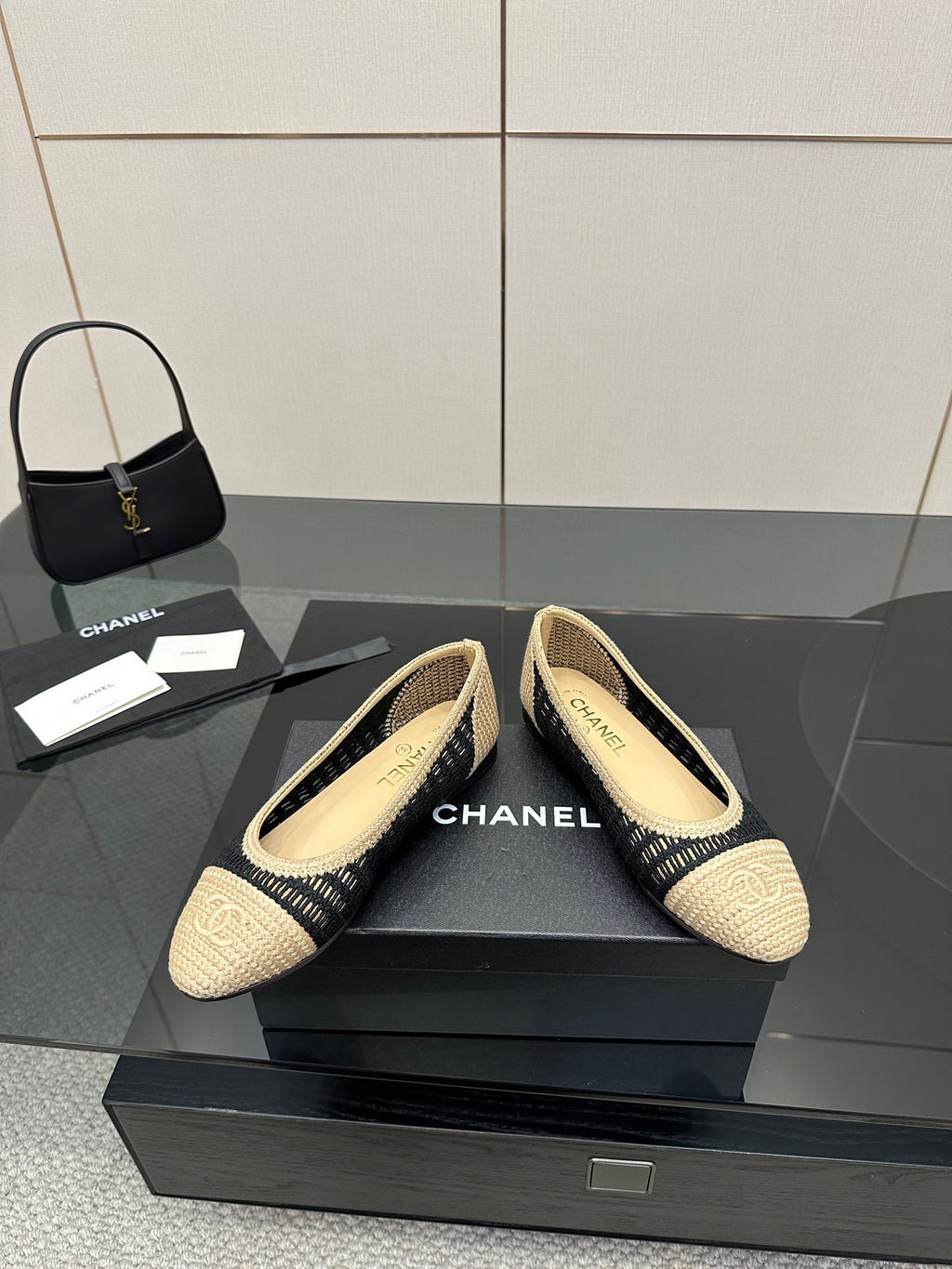 Chanel ladies ballet flats, slip-on beige and navy knit with stitched trim around edge