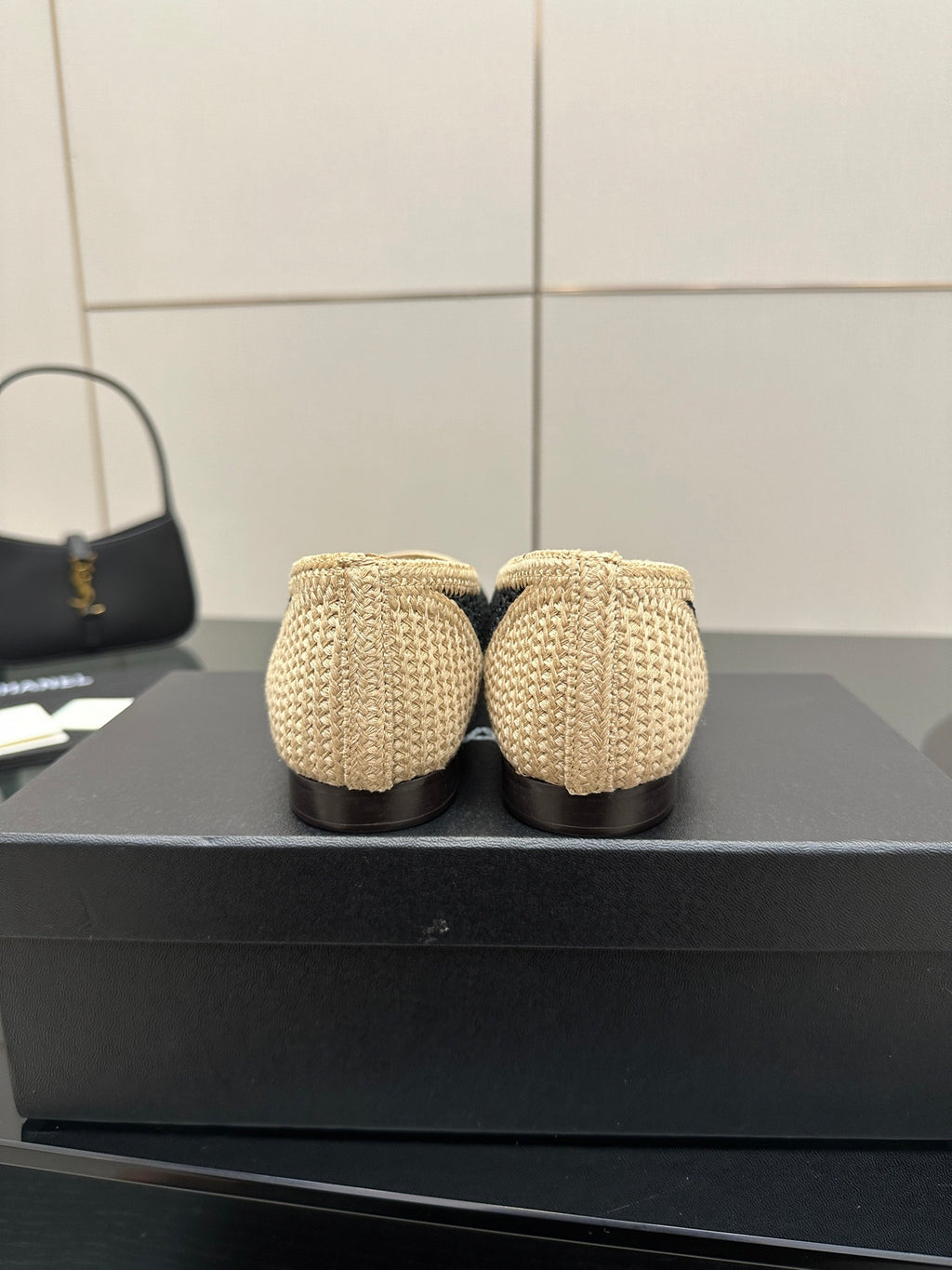Chanel ladies ballet flats, rear view of beige knit flats with flat low heel