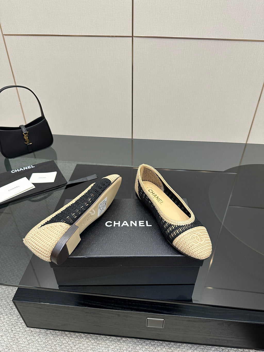 Chanel ladies ballet flats, pair shown on box with beige toe and navy knit sides