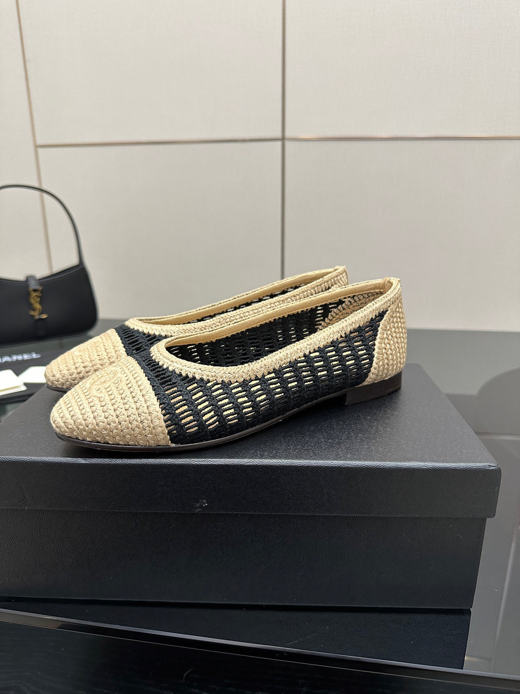 Chanel ladies ballet flats, beige woven fabric with navy knit stripe at vamp