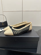 Chanel ladies ballet flats, beige woven fabric with navy knit stripe at vamp